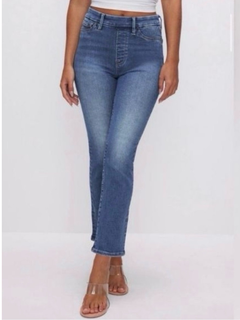 Good American Power Stretch Pull On Straight Leg Jeans in Blue Wash L
